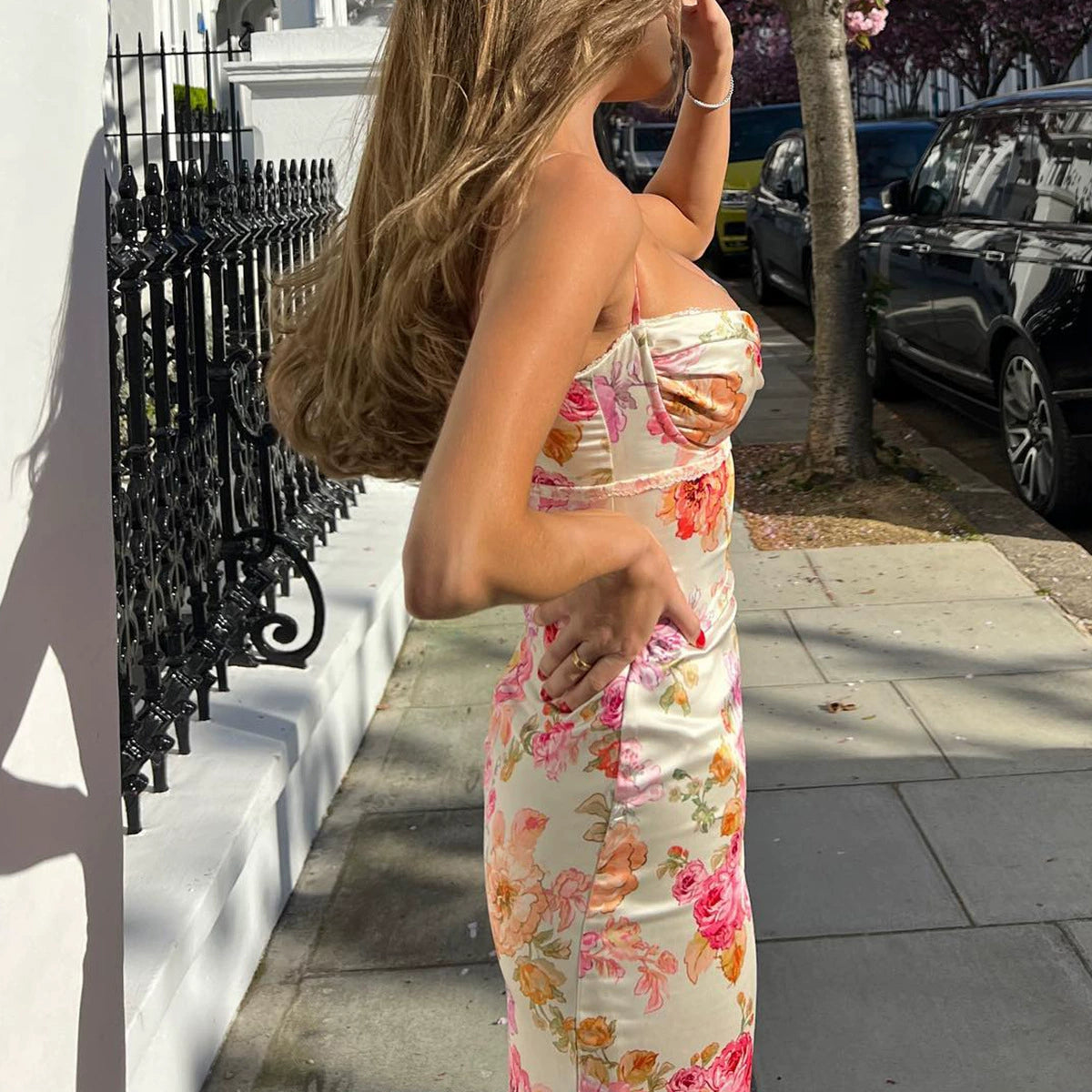 acelimosf™-Printed suspender long skirt sexy backless slit holiday style floral dress