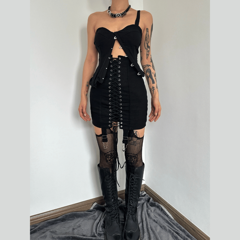 acelimosf™-Lace up front high waist vintage skirt grunge 90s Streetwear Disheveled Chic Fashion grunge 90s Streetwear Distressed Fashion