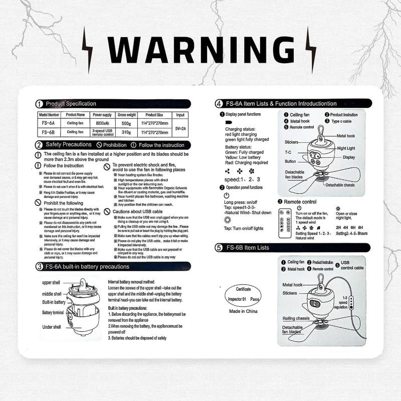 Rechargeable Portable Hanging Fan with LED Light