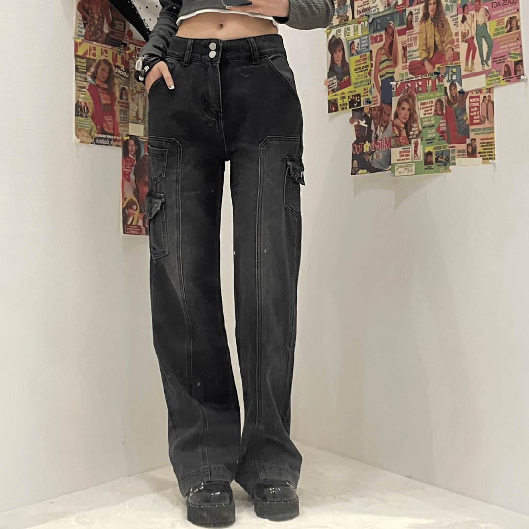 acelimosf™-High rise straight leg button gradient pocket jeans y2k 90s Revival Techno Fashion