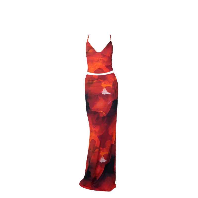 acelimosf™-Flower print v neck contrast cami maxi skirt set