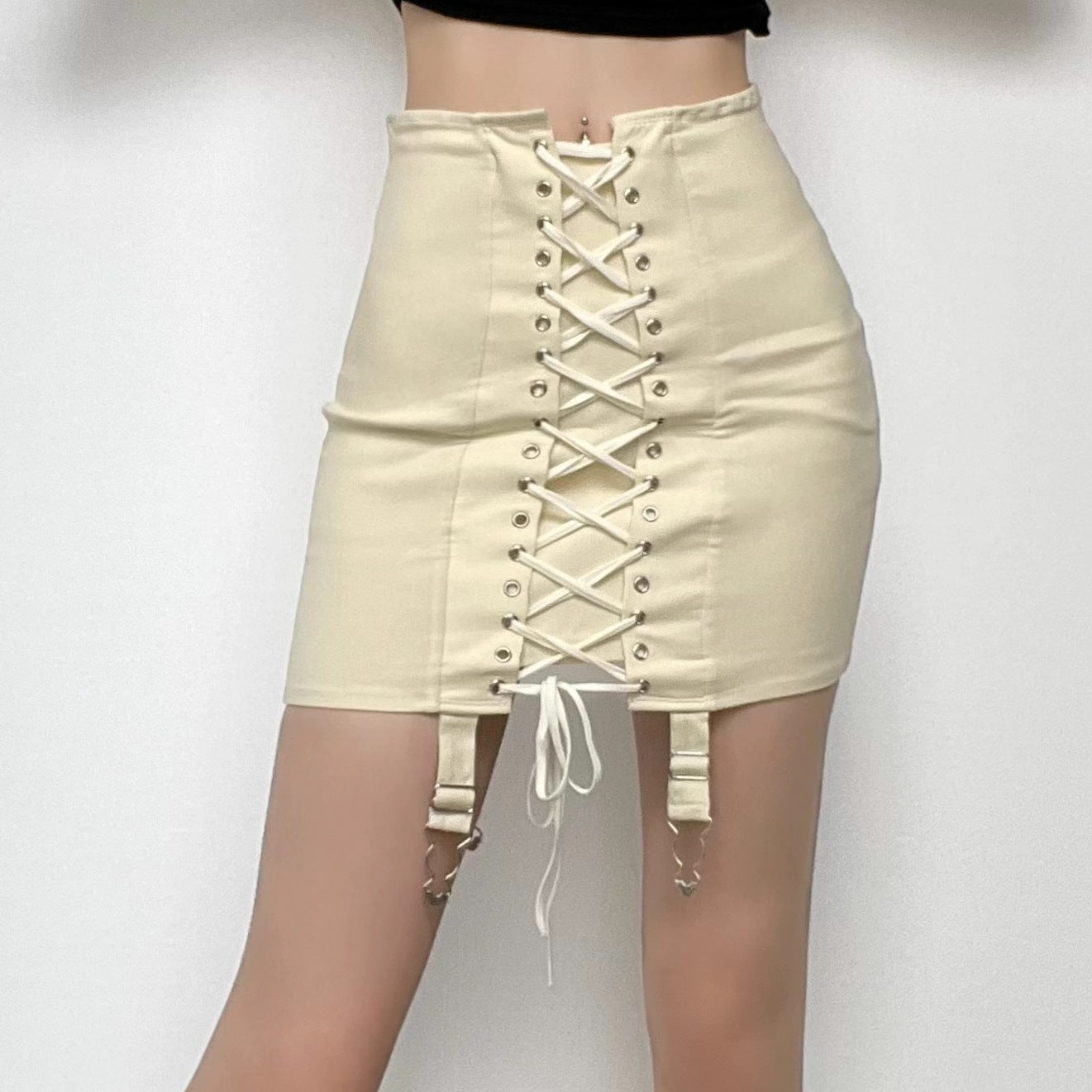 acelimosf™-Lace up front high waist vintage skirt grunge 90s Streetwear Disheveled Chic Fashion grunge 90s Streetwear Distressed Fashion