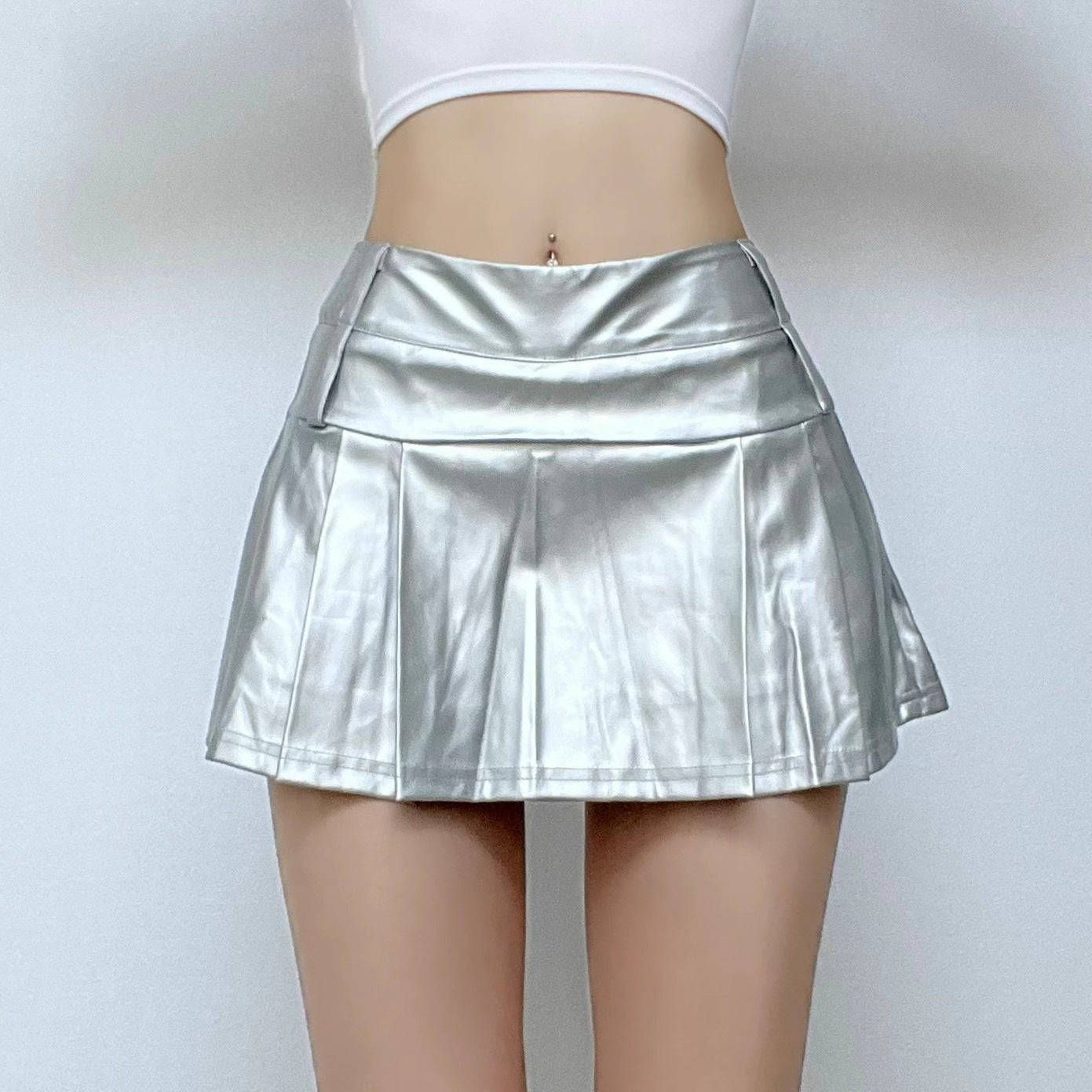 acelimosf™-Zip-up metallic pleated medium rise solid mini skirt y2k 90s Revival Techno Fashion