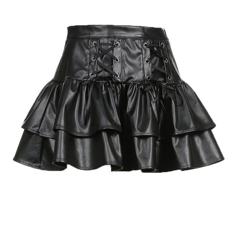acelimosf™-Lace up PU leather ruffle zip-up A line mini skirt