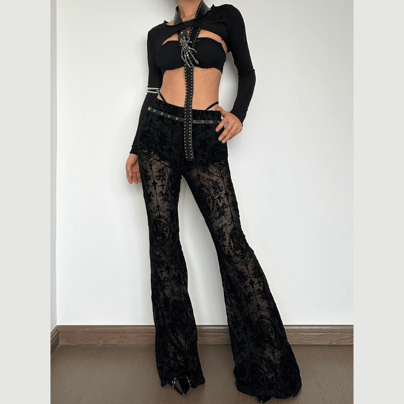 acelimosf™-Lace solid high rise textured flared pant goth Alternative Darkwave Fashion goth Emo Darkwave Fashion