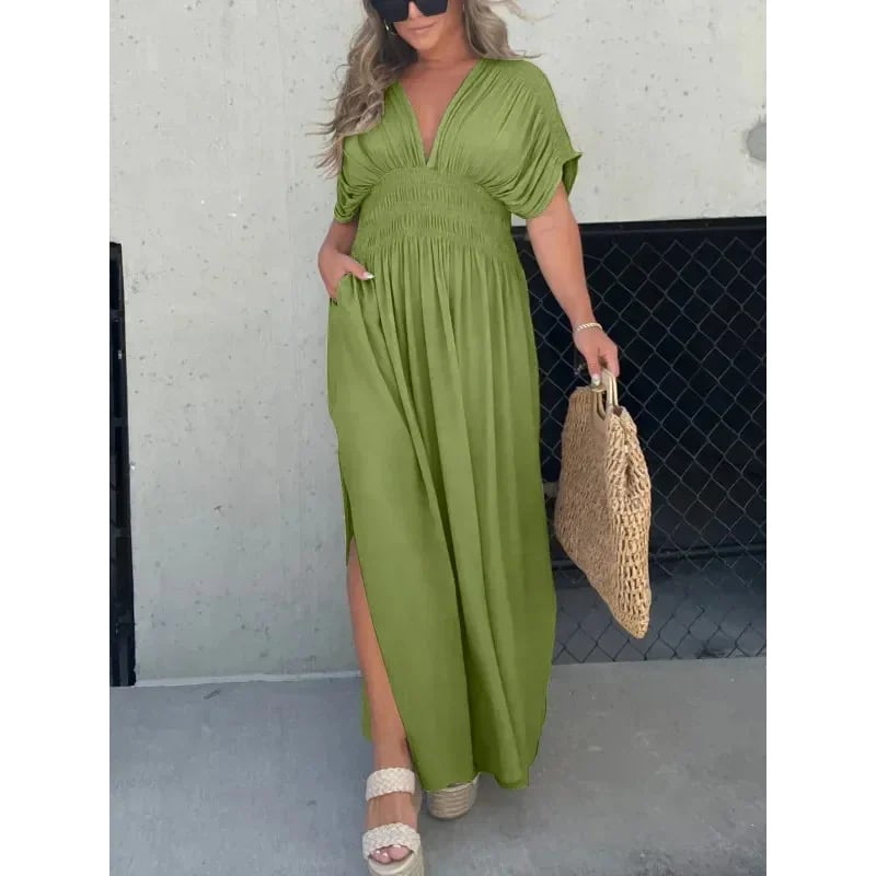 acelimosf™- SLIT V-NECK EFFORTLESS MAXI LONG DRESS