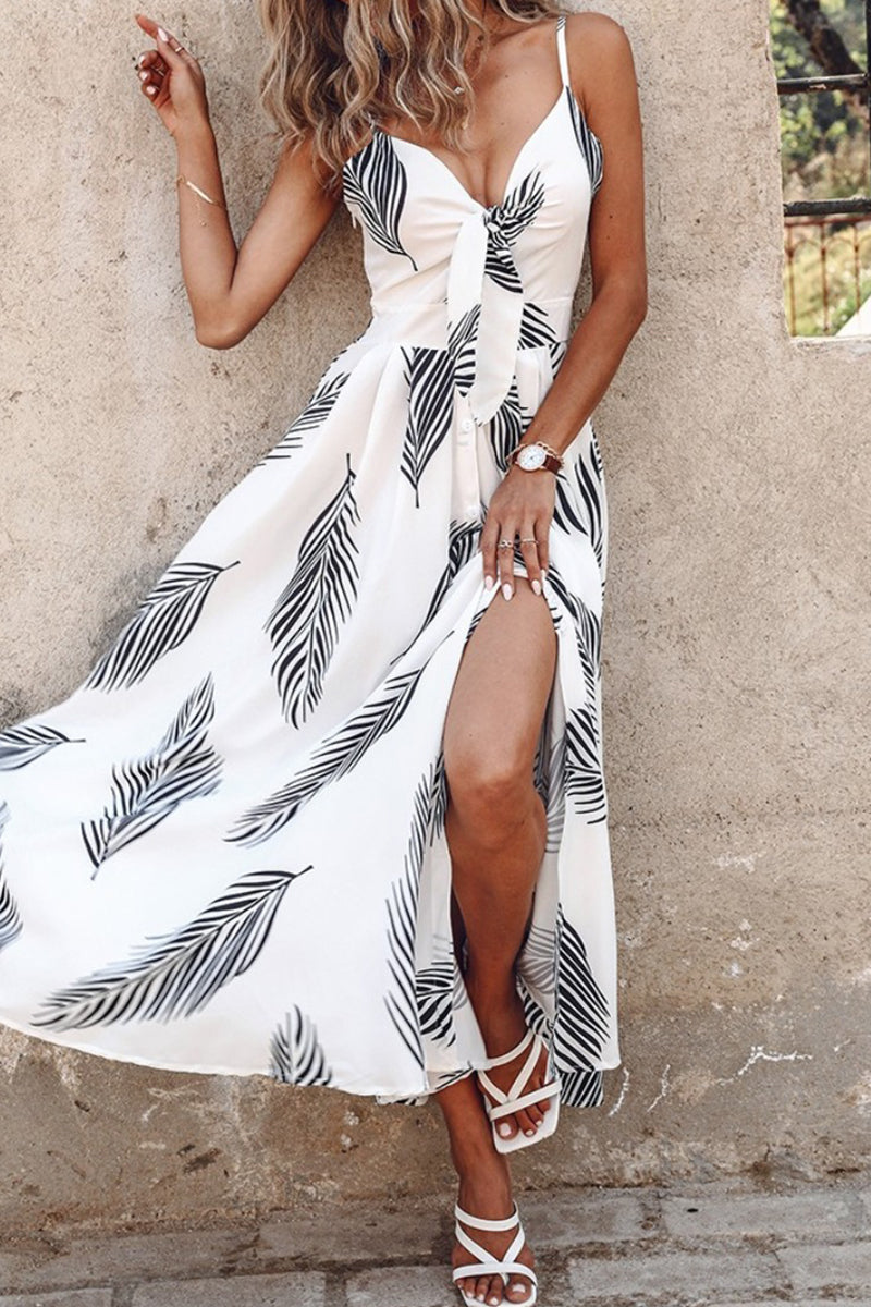 acelimosf™-Sexy Casual Print Backless Slit Spaghetti Strap Long Dresses