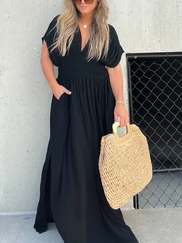 acelimosf™- SLIT V-NECK EFFORTLESS MAXI LONG DRESS