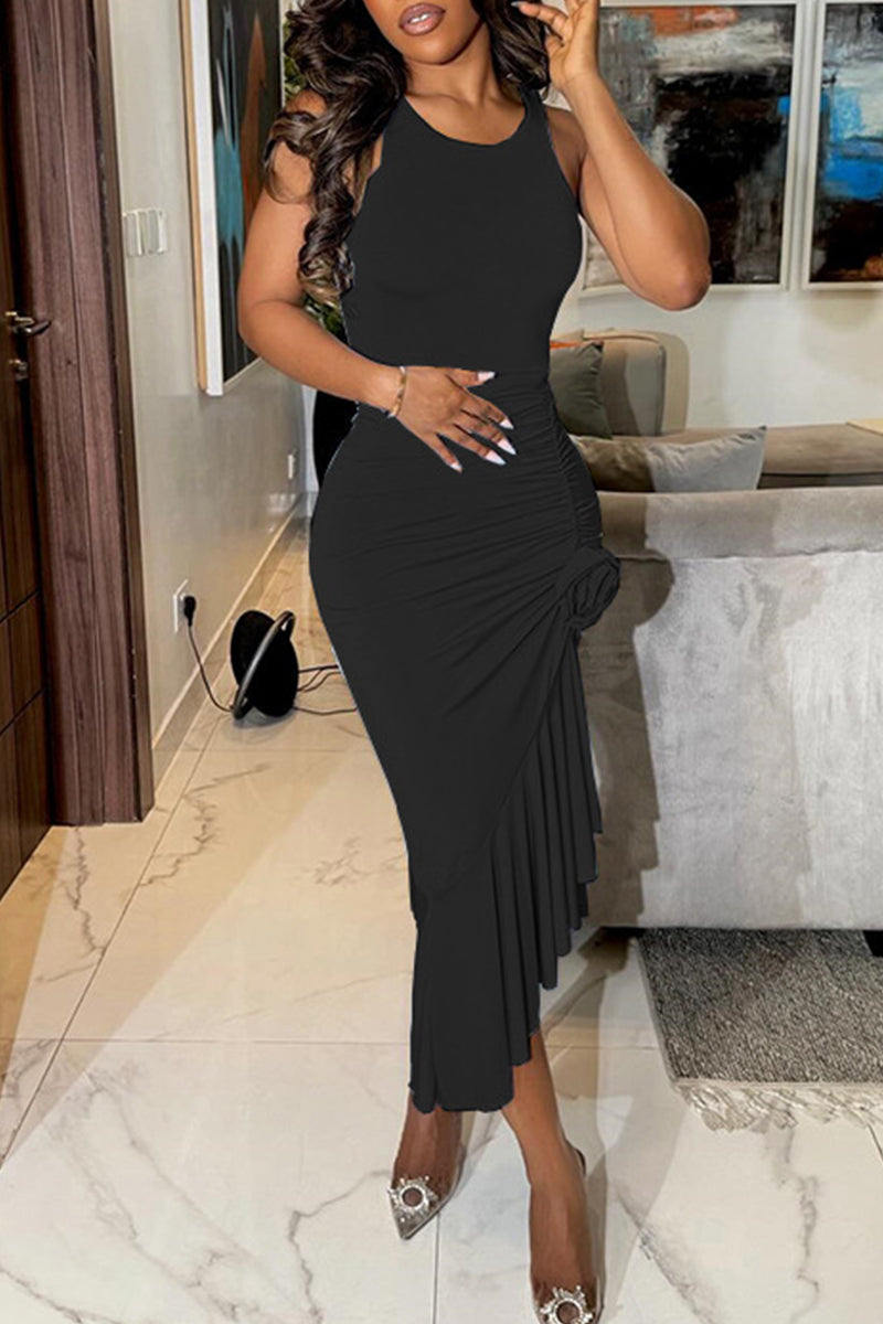 acelimosf™-Elegant Solid Patchwork Fold O Neck Irregular Dresses