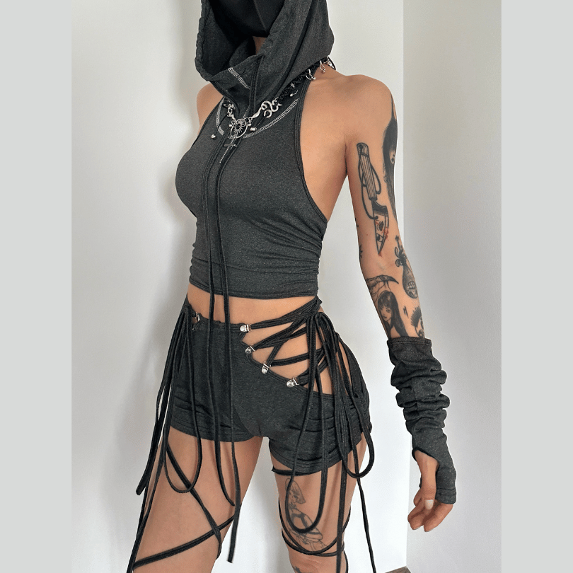 acelimosf™-Lace up hollow out self tie drawstring high rise pant set cyberpunk Sci-Fi punk Fashion cyberpunk Sci-Fi Fashion y2k 90s Revival Techno Fashion
