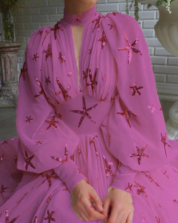 acelimosf™-Star Sequin Lantern Sleeve Chiffon Slit Dress