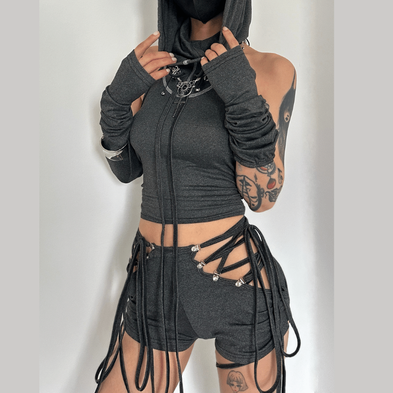 acelimosf™-Lace up hollow out self tie drawstring high rise pant set cyberpunk Sci-Fi punk Fashion cyberpunk Sci-Fi Fashion y2k 90s Revival Techno Fashion