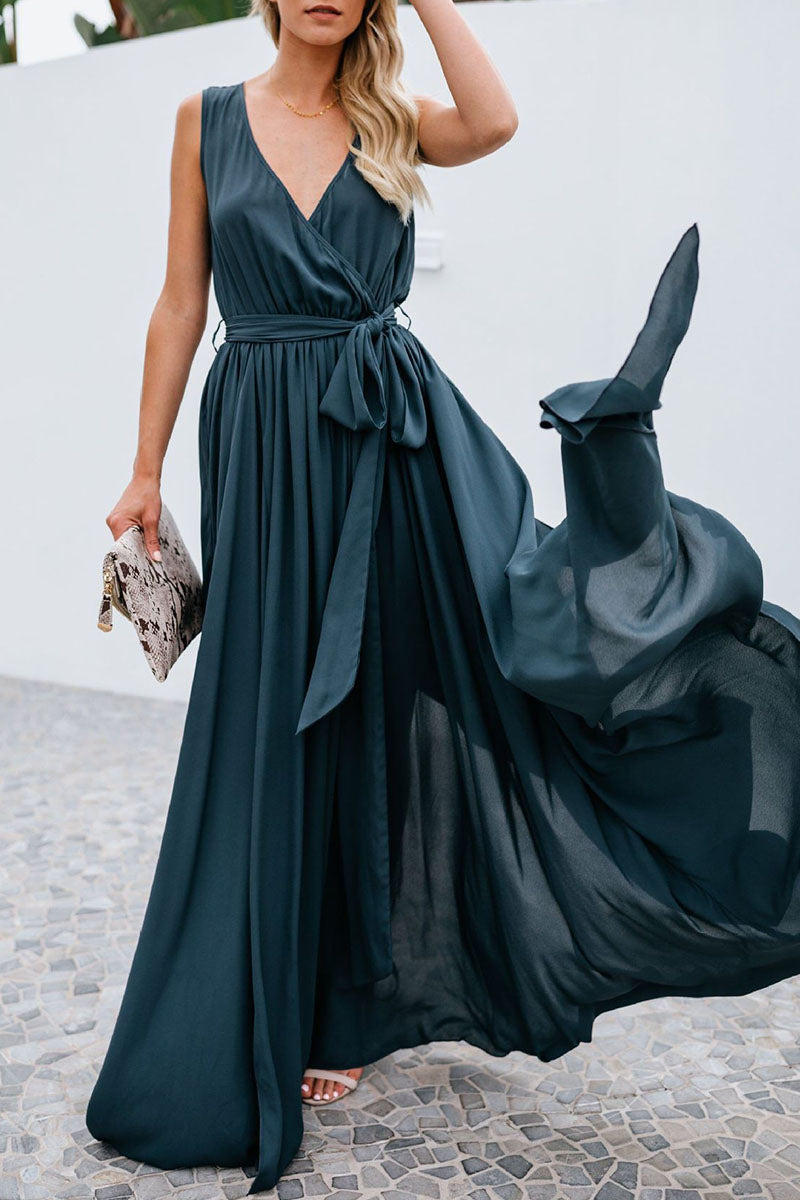 acelimosf™-Fashion Street Solid Slit V Neck A Line Dresses