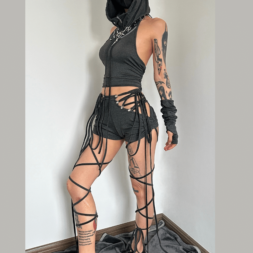 acelimosf™-Lace up hollow out self tie drawstring high rise pant set cyberpunk Sci-Fi punk Fashion cyberpunk Sci-Fi Fashion y2k 90s Revival Techno Fashion
