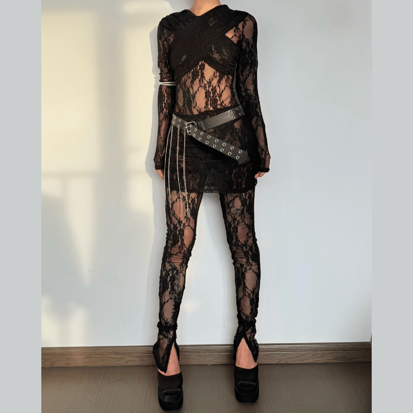 acelimosf™-Long sleeve ruched lace zip-up see through 2 piece jumpsuit