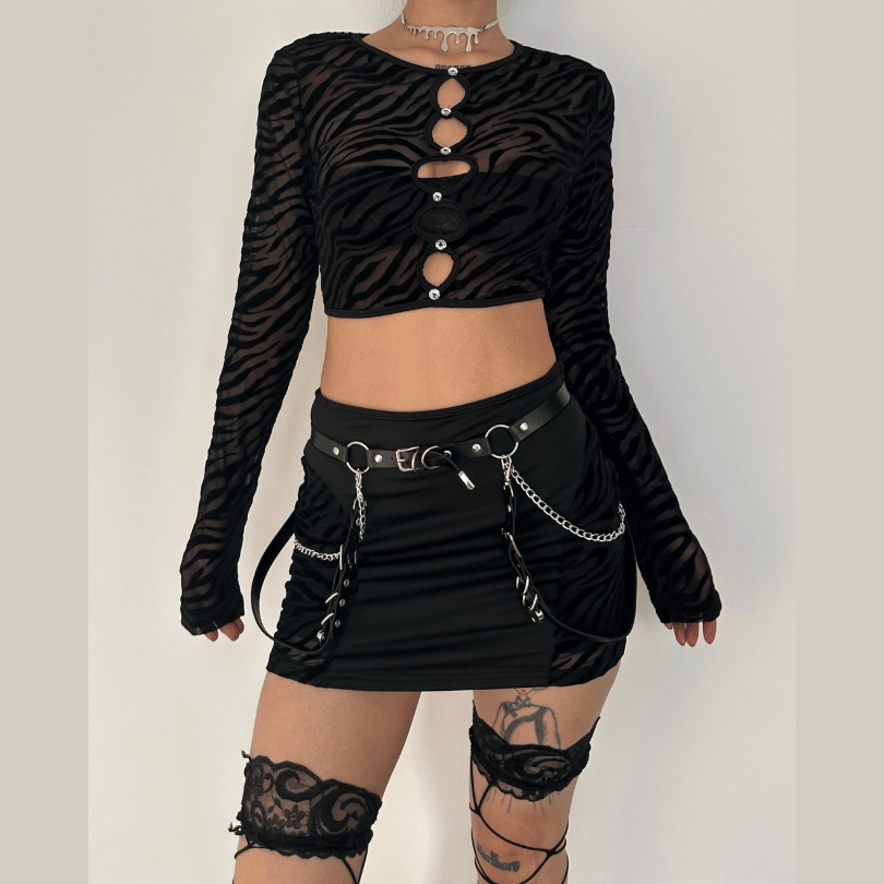 acelimosf™-Long sleeve hollow out zebra print see through mini skirt set