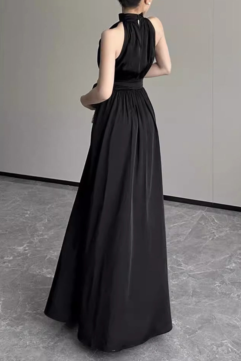 acelimosf™-Elegant Solid Slit Fold Halter Waist Skirt Dresses