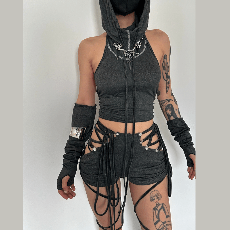 acelimosf™-Lace up hollow out self tie drawstring high rise pant set cyberpunk Sci-Fi punk Fashion cyberpunk Sci-Fi Fashion y2k 90s Revival Techno Fashion