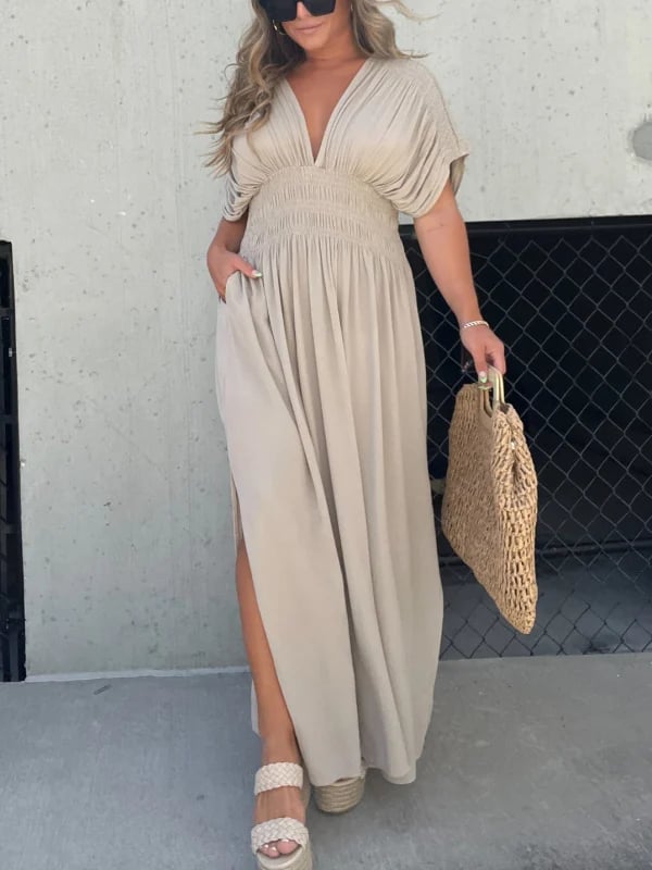 acelimosf™- SLIT V-NECK EFFORTLESS MAXI LONG DRESS