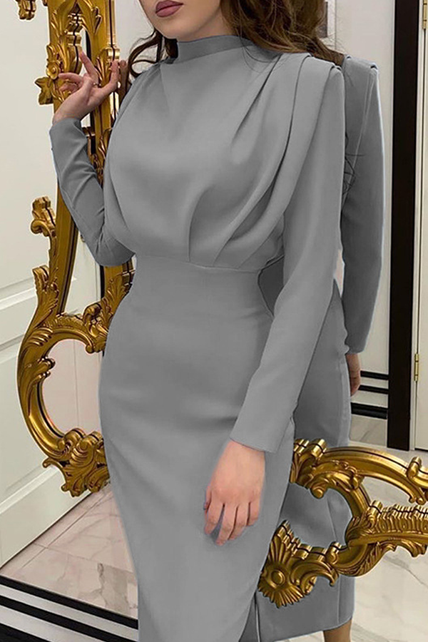 acelimosf™-Elegant Solid Patchwork Fold Mandarin Collar Waist Skirt Dresses