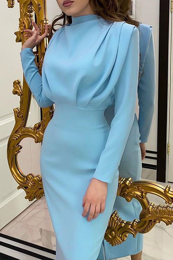 acelimosf™-Elegant Solid Patchwork Fold Mandarin Collar Waist Skirt Dresses