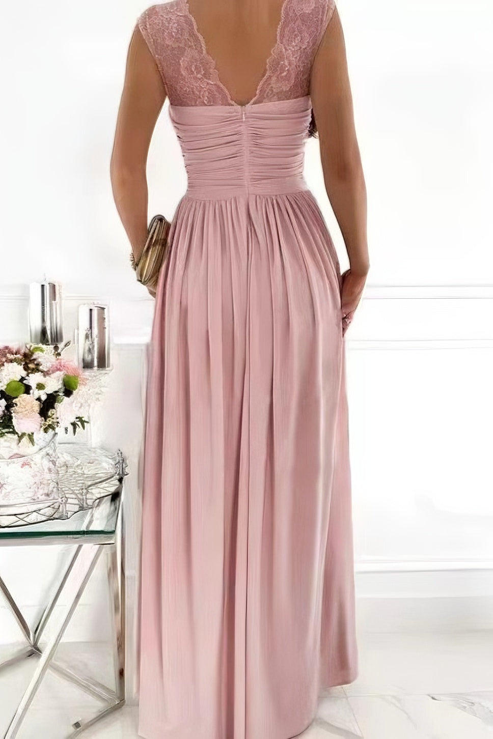 acelimosf™-Sleeveless lace backless hem slit dress