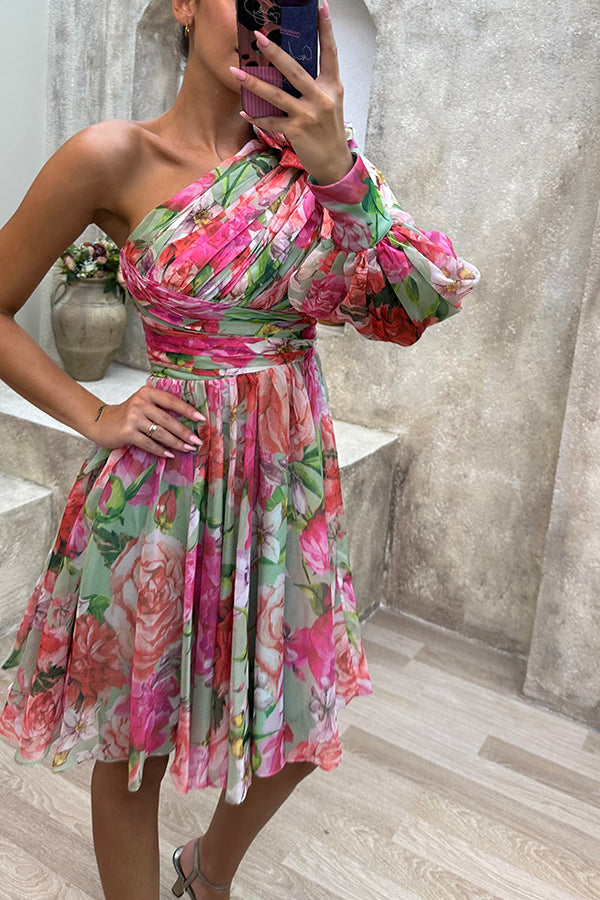 acelimosf™-Vivid Visions Floral Print Pleated One Shoulder Sleeve Swing Mini Dress