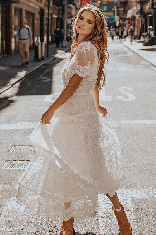 acelimosf™-V-neck short-sleeved lace dress