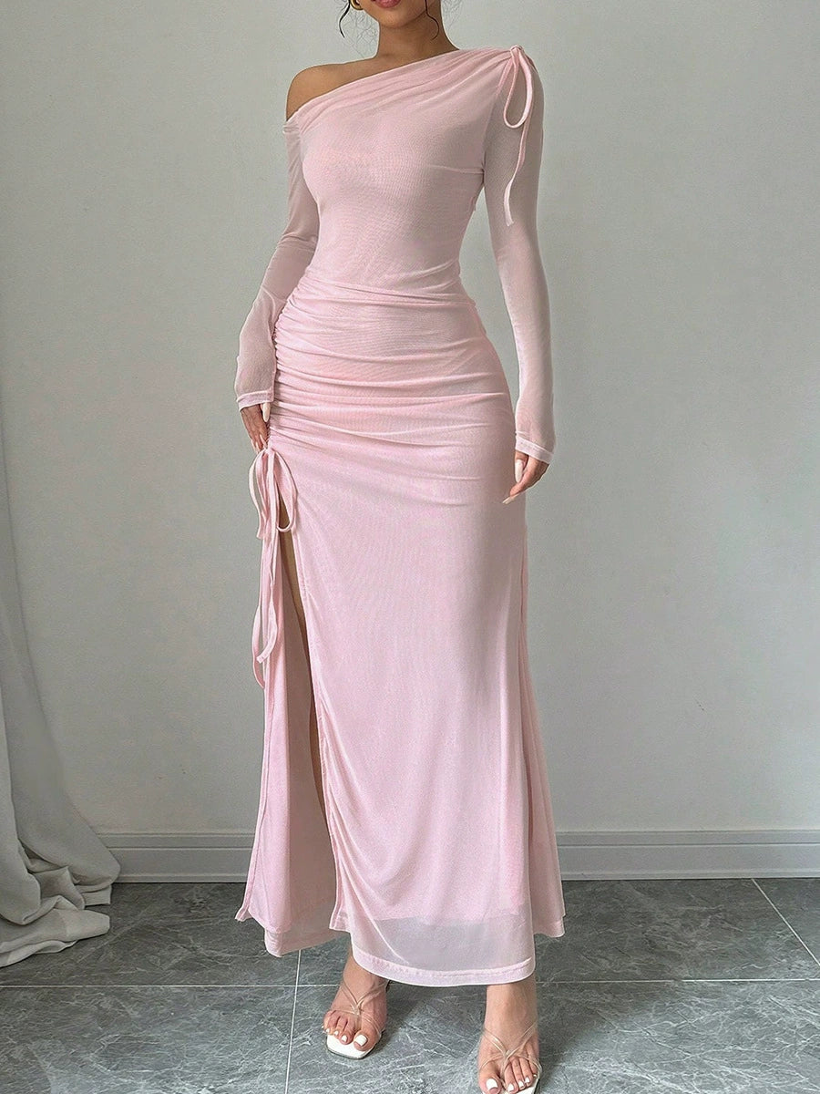 acelimosf™-Mesh long sleeve oblique shoulder pleated slit long skirt one shoulder pink dress