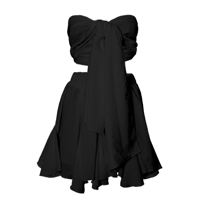 acelimosf™-Ruffle textured bowknot tube mini skirt set