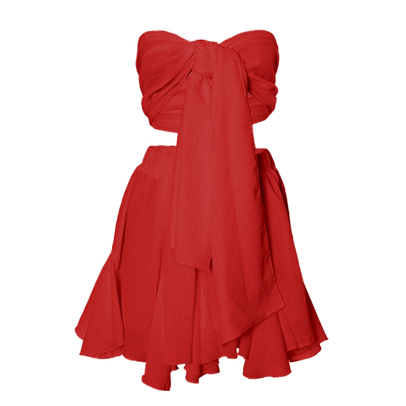 acelimosf™-Ruffle textured bowknot tube mini skirt set