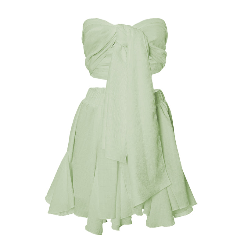 acelimosf™-Ruffle textured bowknot tube mini skirt set