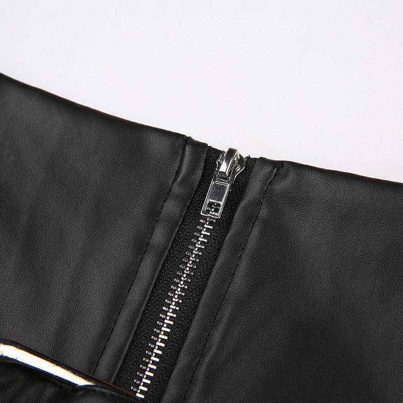 acelimosf™-Buckle zip-up pleated low rise PU leather mini skirt