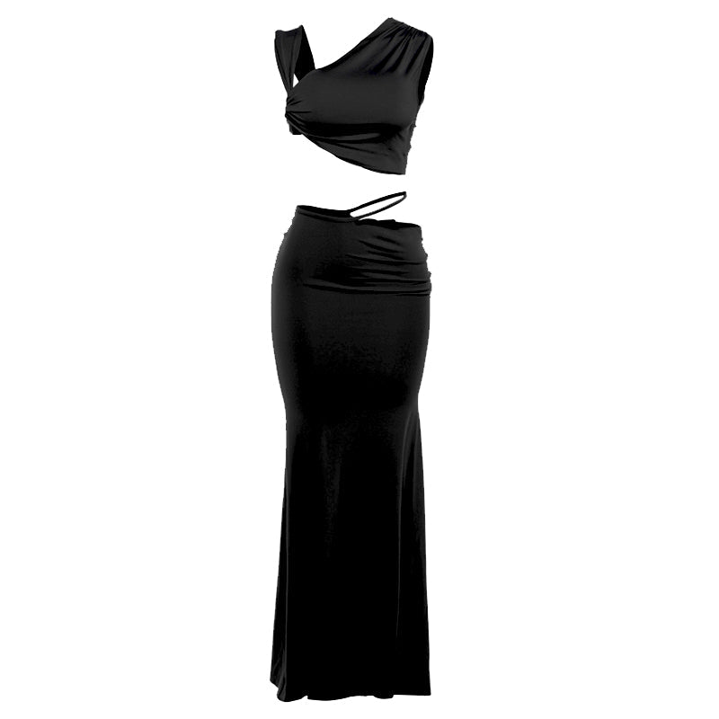 acelimosf™-Ruched irregular solid crop maxi skirt set