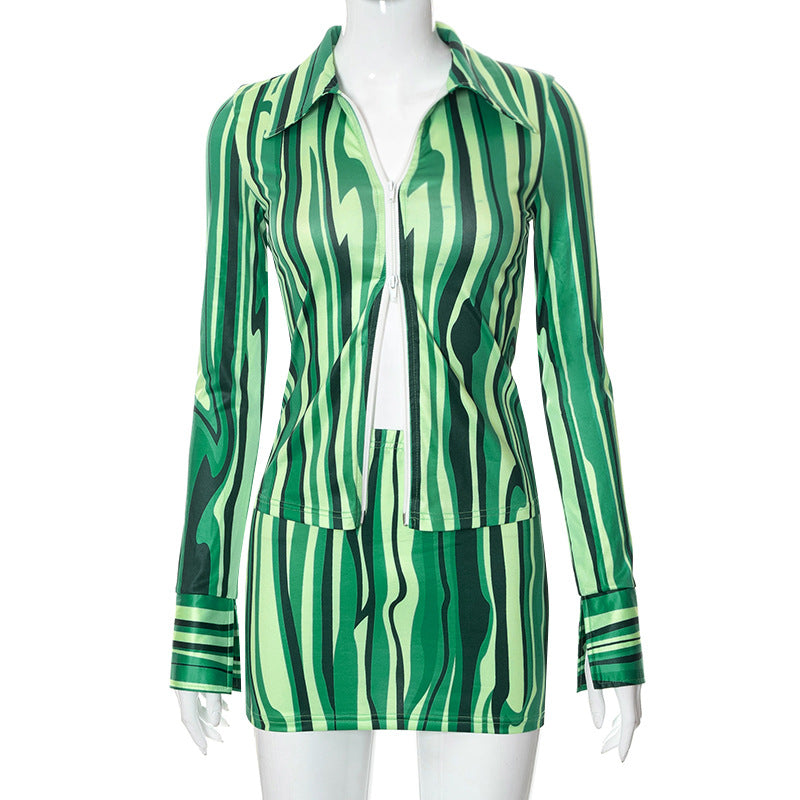 acelimosf™-Slit contrast long sleeve turnover collar zip-up skirt set cyberpunk Sci-Fi Fashion