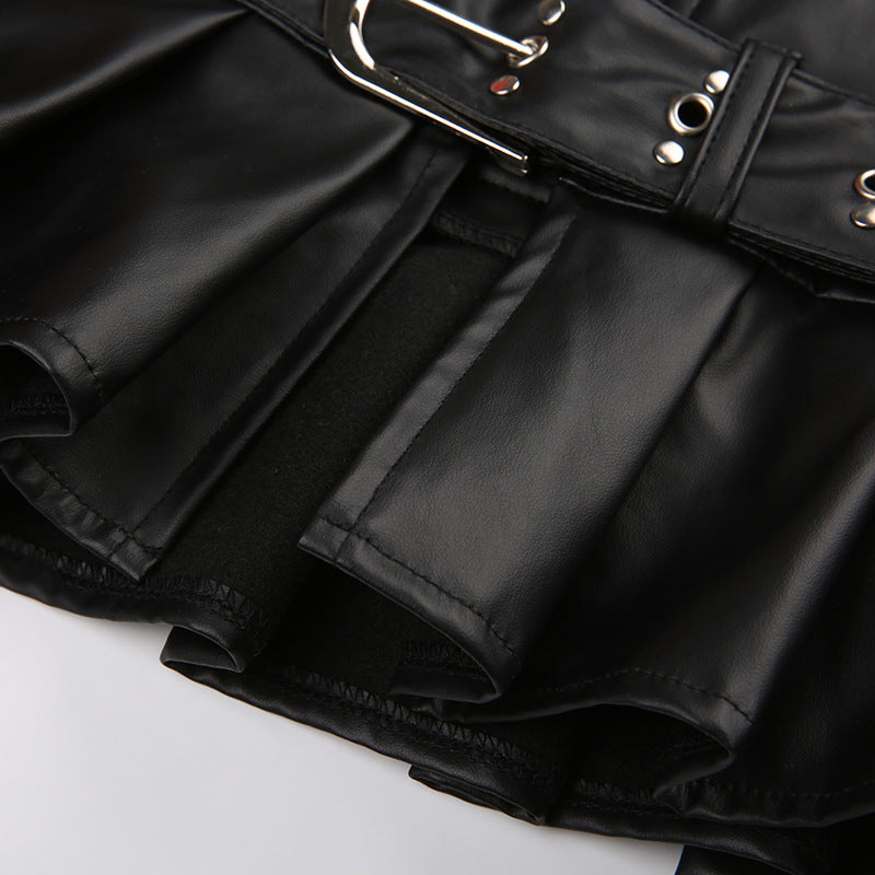 acelimosf™-Buckle zip-up pleated low rise PU leather mini skirt