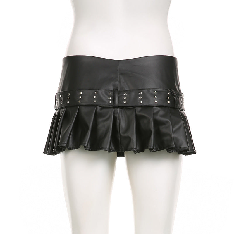 acelimosf™-Buckle zip-up pleated low rise PU leather mini skirt