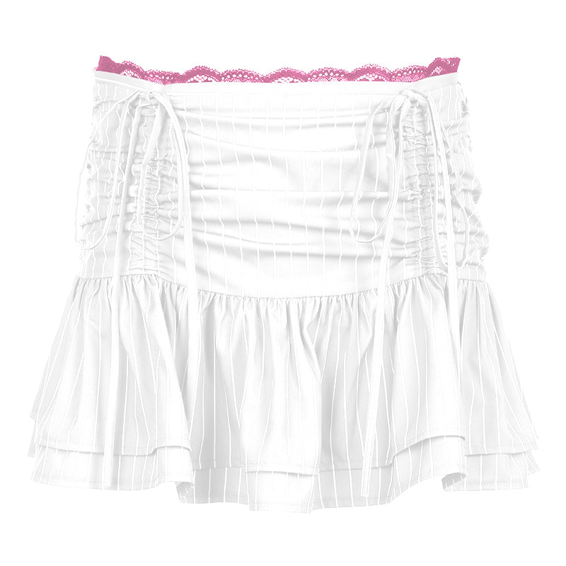 acelimosf™-Drawstring ruched lace hem striped mini skirt