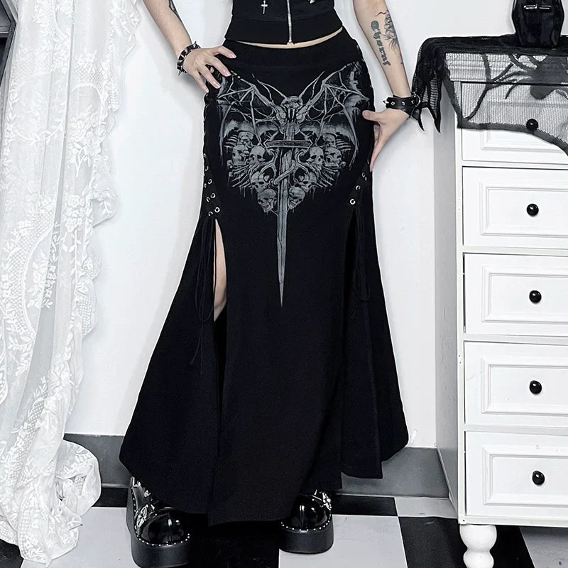 acelimosf™-Print lace up slit ruched maxi skirt