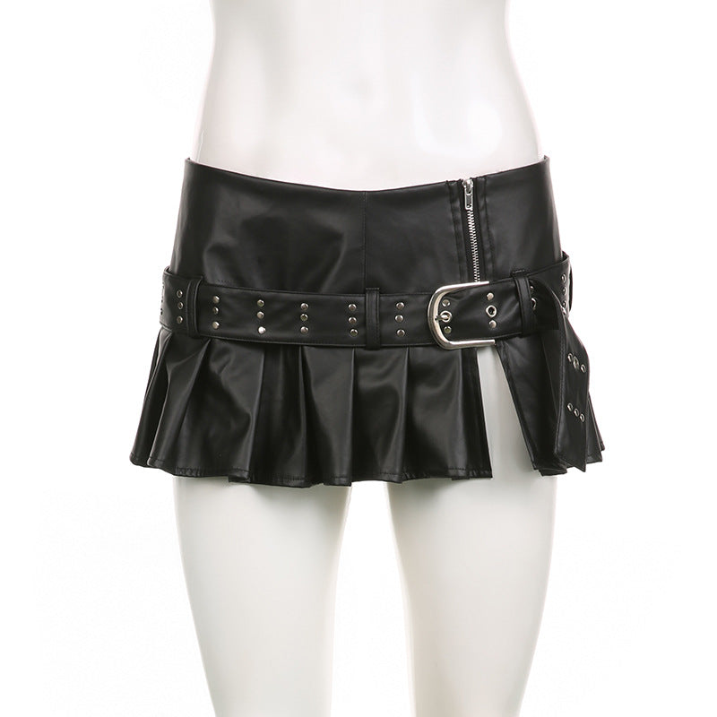 acelimosf™-Buckle zip-up pleated low rise PU leather mini skirt