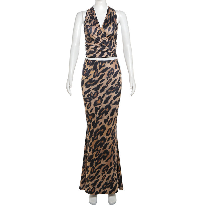 acelimosf™-Leopard print halter ruched backless maxi skirt set