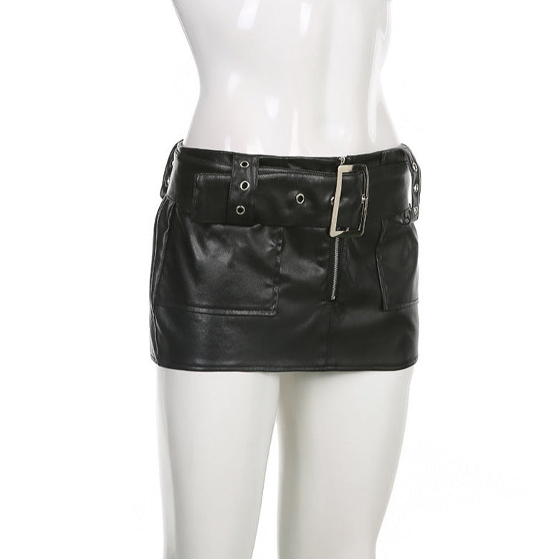 acelimosf™-Pocket zip-up PU leather low rise buckle mini skirt goth Alternative Darkwave Fashion goth Emo Darkwave Fashion