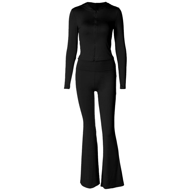 acelimosf™-Long sleeve hoodie zip-up high rise pant set
