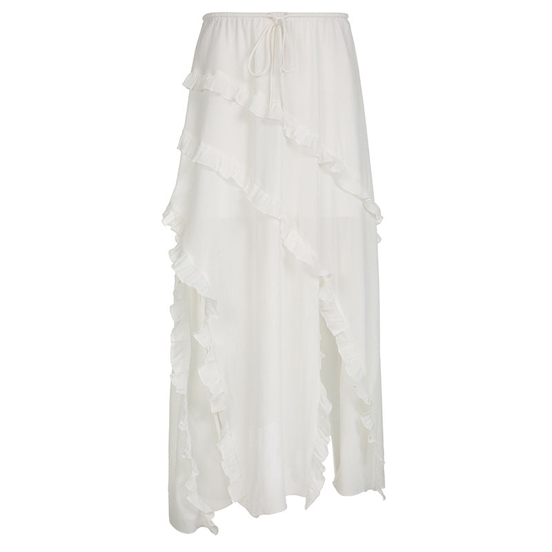 acelimosf™-Drawstring ruffle slit irregular solid maxi skirt y2k 90s Revival Techno Fashion