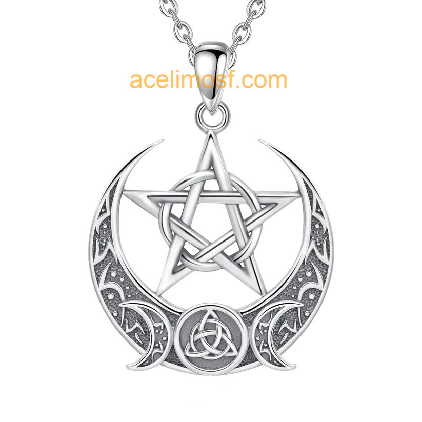 acelimosf™-Witch Pentagram Celtic Knot Triple Moon Necklace
