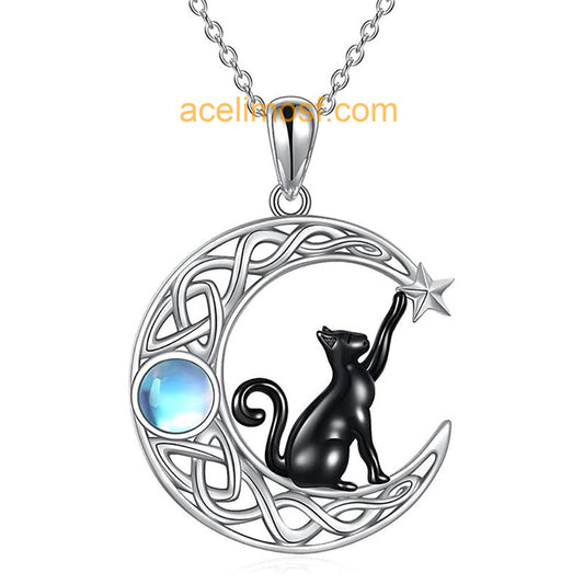 acelimosf™-Celtic knot Black Cat Moon Necklace