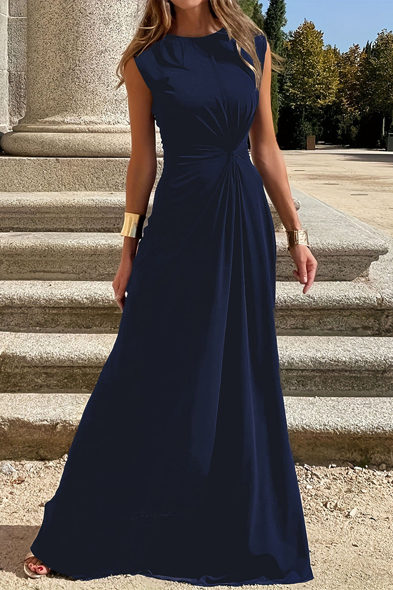 acelimosf™-Elegant Simplicity Solid Fold O Neck Vest Dresses
