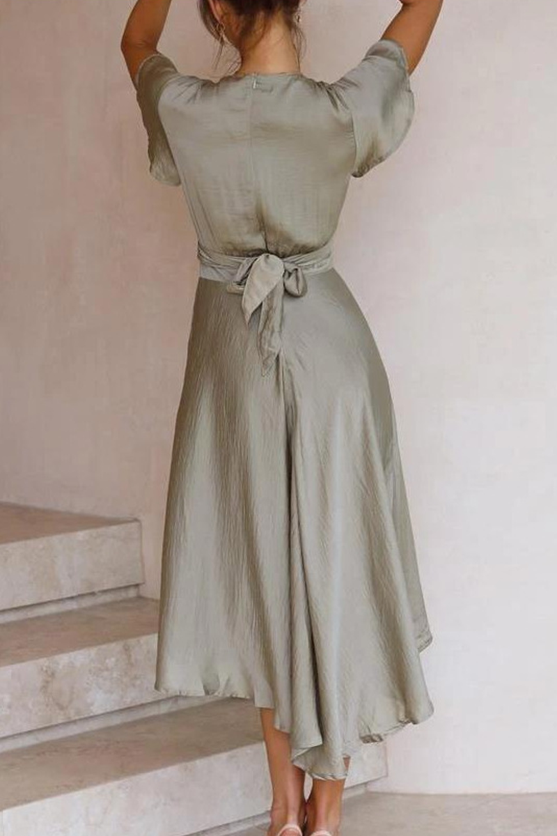 acelimosf™-Elegant Solid Knotted With Belt V Neck Irregular Maxi Dresses