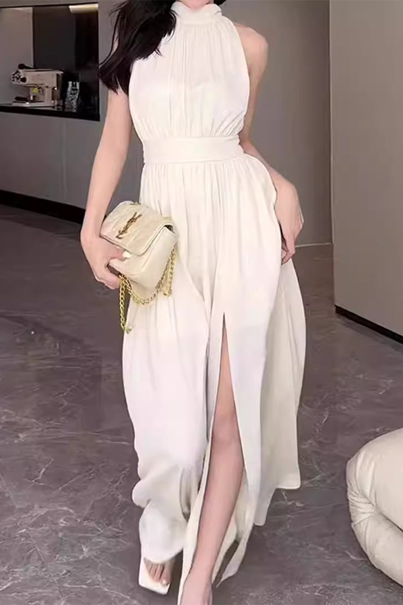 acelimosf™-Elegant Solid Slit Fold Halter Waist Skirt Dresses