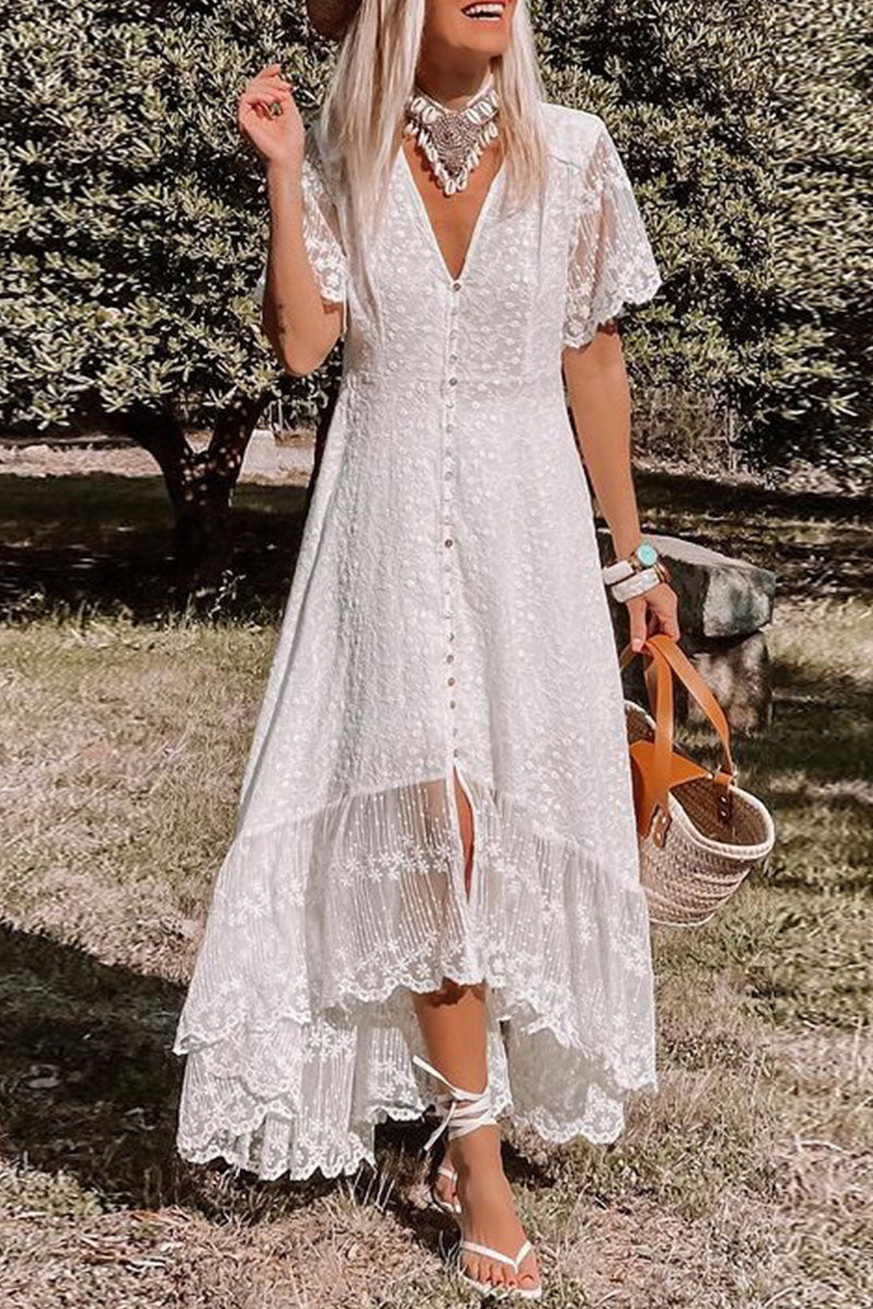 acelimosf™-Casual Solid Patchwork Buckle V Neck Irregular Dress Dresses